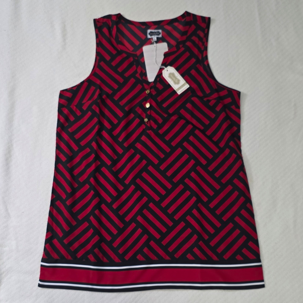 Mud Pie Women V-Neck Sleeveless Button Front Tunic Red Black Geometric Large NWT
